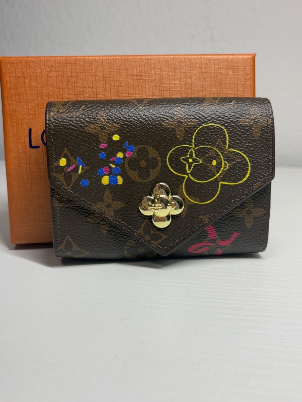 Brown Monogram Compact Wallet with Multicolor Painted Accents
